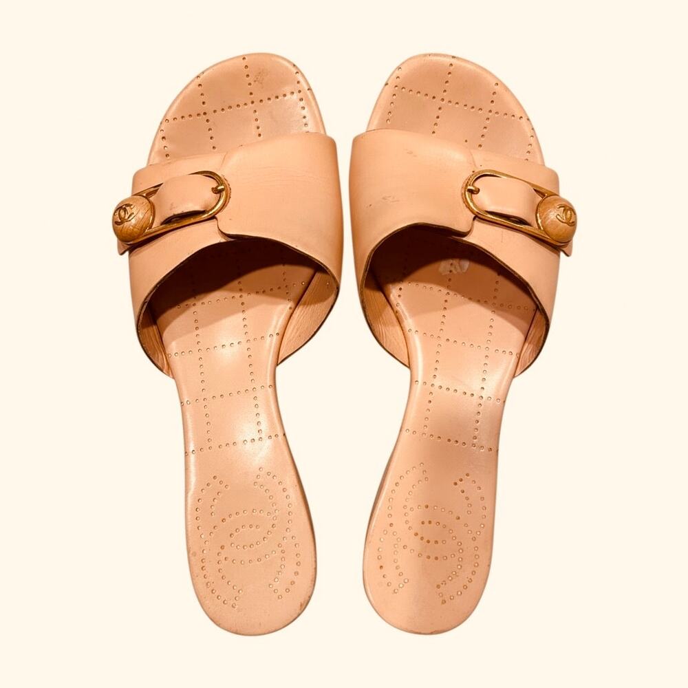 Chanel Wood Platform Slide Sandals (Pale Peach Leather & Gold Logo Detail)